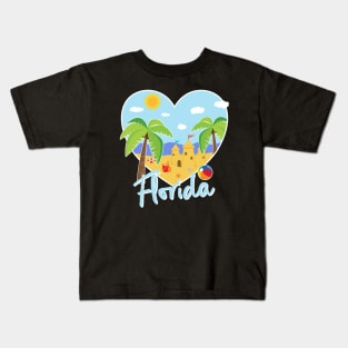 Florida Love Heart Shaped Beach Vacation Scene Kids T-Shirt